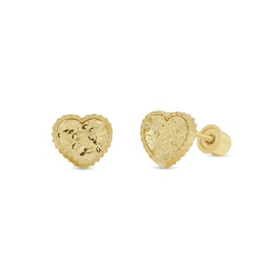 14K Yellow Gold Diamond Cut Heart Screw Back Earrings