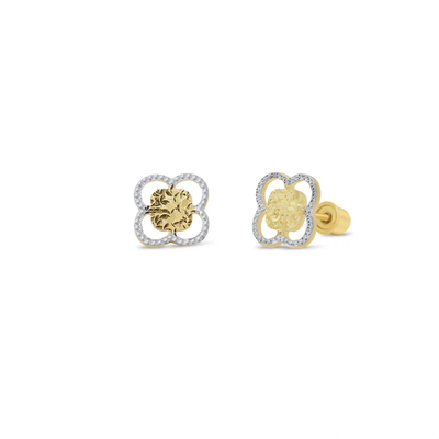 14K Yellow Gold Diamond Cut Cut Out Flower Screw Back Earrings