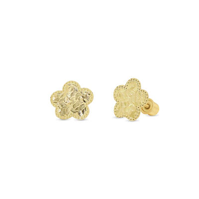 14K Yellow Gold Diamond Cut Flower Screw Back Earrings
