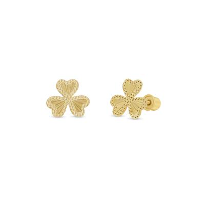 14K Yellow Gold Beaded And Iridescent Clover Diamond Cut Screw Back Earrings