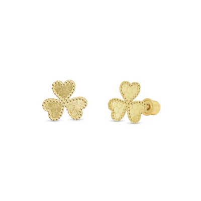 14K Yellow Gold Beaded And Honeycomb Clover Screw Back Earrings