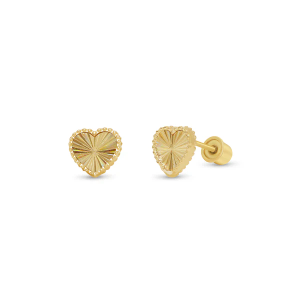 14K Yellow Gold Beaded And Iridescent Diamond Cut Heart Screw Back Earrings