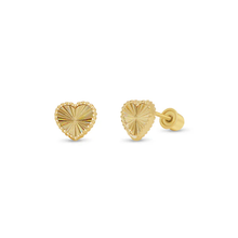 Load image into Gallery viewer, 14K Yellow Gold Beaded And Iridescent Diamond Cut Heart Screw Back Earrings