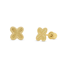 Load image into Gallery viewer, 14K Yellow Gold Beaded And Iridescent Diamond Cut Clover Screw Back Earrings