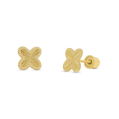 14K Yellow Gold Beaded And Iridescent Diamond Cut Clover Screw Back Earrings