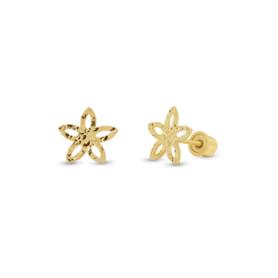 14K Yellow Gold Diamond Cut Star Flower Earrings
