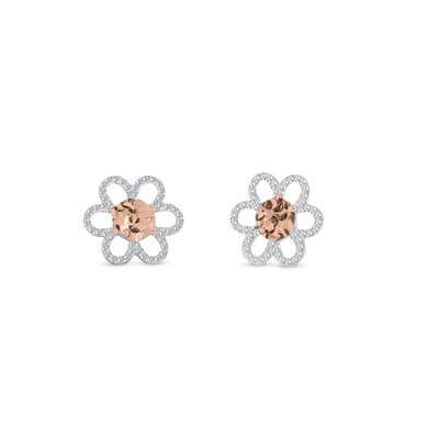 14K White And Rose Gold Beaded And Diamond Cut Flower Screw Back Earrings