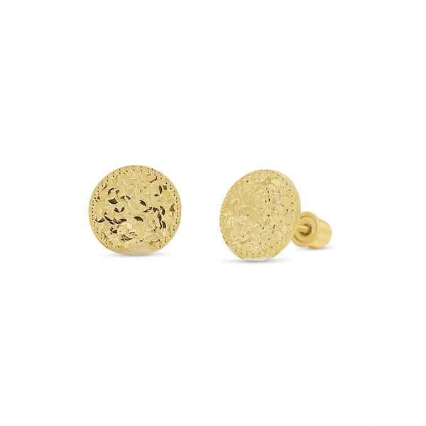 14K Yellow Gold Beaded And Confetti Diamond Cut Disc Screw Back Earrings