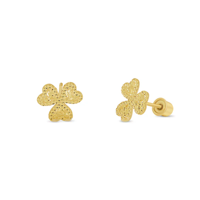 14K Yellow Gold Beaded And Confetti Diamond Cut Clover Screw Back Earrings