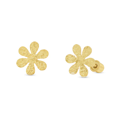 14K Yellow Gold Confetti Diamond Cut Flower Screw Back Earrings
