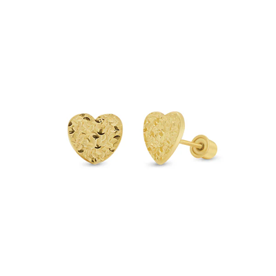 14K Yellow Gold Diamond Cut Confetti Heart Screw Back Earrings