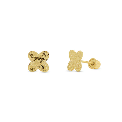 14K Yellow Gold Beaded And Diamond Cut Confetti Clover Screw Back Earrings