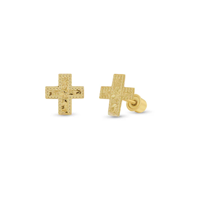 14K Yellow Gold Beaded And Diamond Cut Confetti Cross Screw Back Earrings