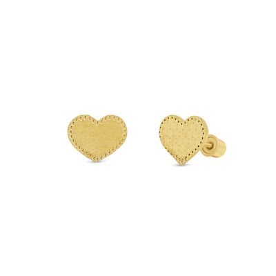 14K Yellow Gold Beaded And Honeycomb Heart Screw Back Earrings