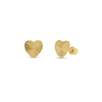 14K Yellow Gold Diamond Cut Iridescent Heart Screw Back Earrings