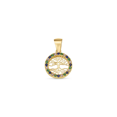 14K Yellow Gold Reversible Tree Of Life Multi Color CZ Studded Pendant