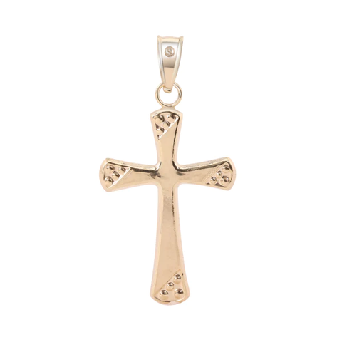 14K Yellow Gold Two Sided Beaded Edge Hollow Tube Cross Pendant