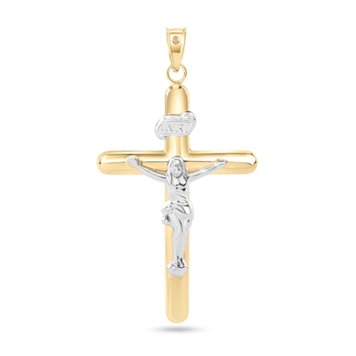 14K Yellow Gold Two Tone Plain Jesus Hollow Tube Cross Pendant