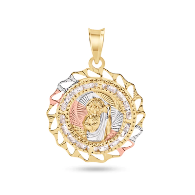 14K Yellow Gold Two Tone 20mm Diamond Cut Beze Saint Jude Clear CZ Pendant