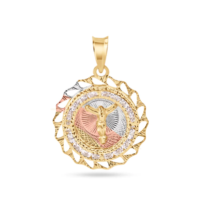 14K Yellow Gold Two Tone 20mm Diamond Cut Bezel Jesus Christ Clear CZ Pendant