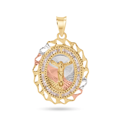 14K Yellow Gold Two Tone 20mm Diamond Cut Oval Bezel Jesus Christ Clear CZ Pendant