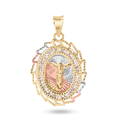 14K Yellow Gold Two Tone 20mm Diamond Cut Oval Sharp Edge Bezel Jesus Christ Clear CZ Pendant