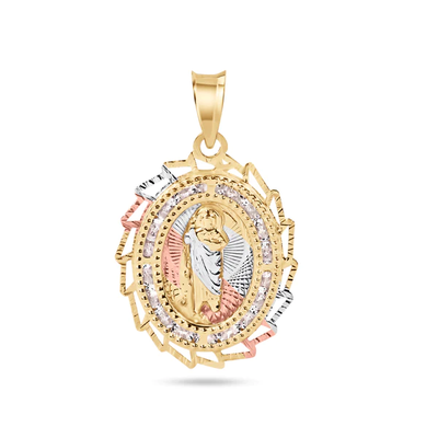 14K Yellow Gold Two Tone 20mm Diamond Cut Oval Sharp Edge Bezel Saint Jude Clear CZ Pendant