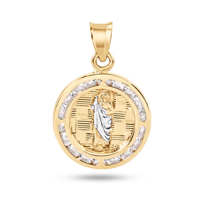 14K Yellow Gold 16mm Round Saint Jude Clear CZ Pendant