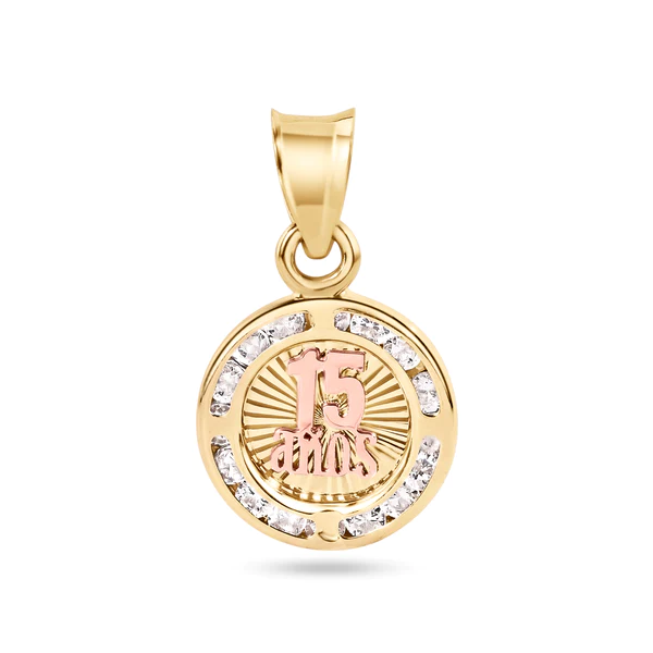 14K Yellow Gold 11.5mm Quinceañera 15 Anos Diamond Cut Clear CZ Pendant