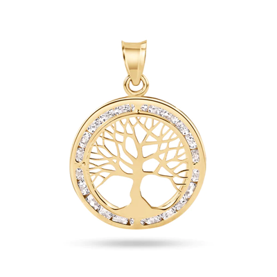 14K Yellow Gold 19mm Tree of Life CZ Pendant