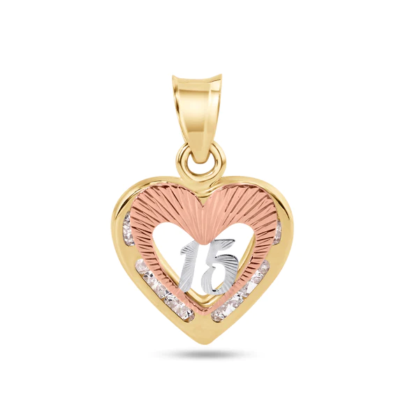 14K Yellow Gold Heart Two Tone Quinceañera 15 Anos Diamond Cut Clear CZ Pendant