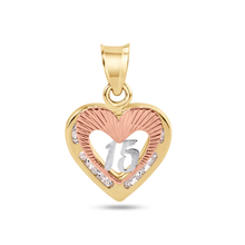 Load image into Gallery viewer, 14K Yellow Gold Heart Two Tone Quinceañera 15 Anos Diamond Cut Clear CZ Pendant