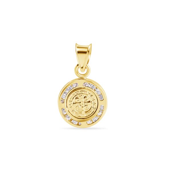 14K Yellow Gold Round Saint Benedict Medal Prayer Clear CZ Pendant-11mm