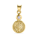 14K Yellow Gold Round Saint Benedict Medal Prayer Clear CZ Pendant