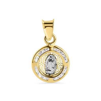 14K Yellow Gold Round Our Lady of Guadalupe Diamond Cut Clear CZ Pendant