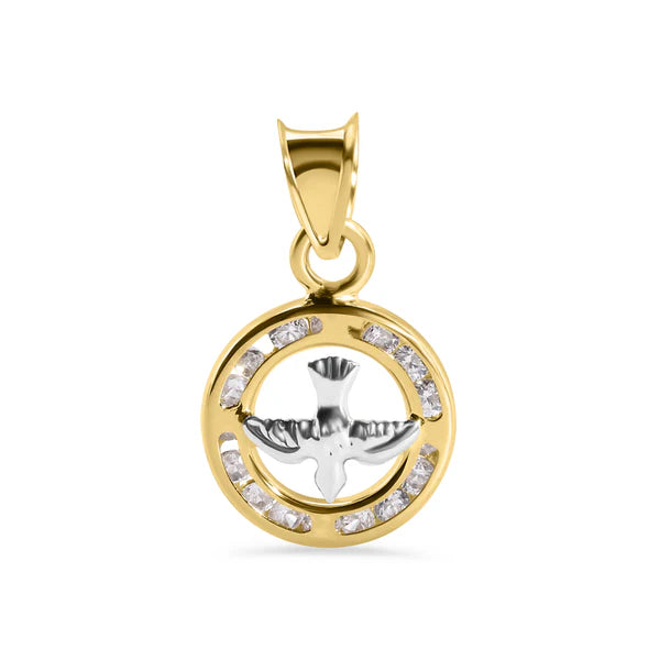 14K Yellow Gold Round Holy Spirit Dove Clear CZ Pendant