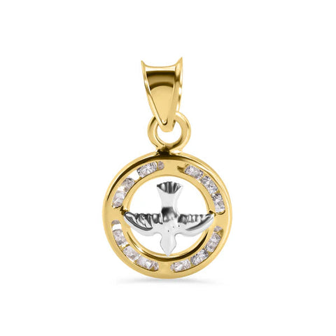 14K Yellow Gold Round Holy Spirit Dove Clear CZ Pendant