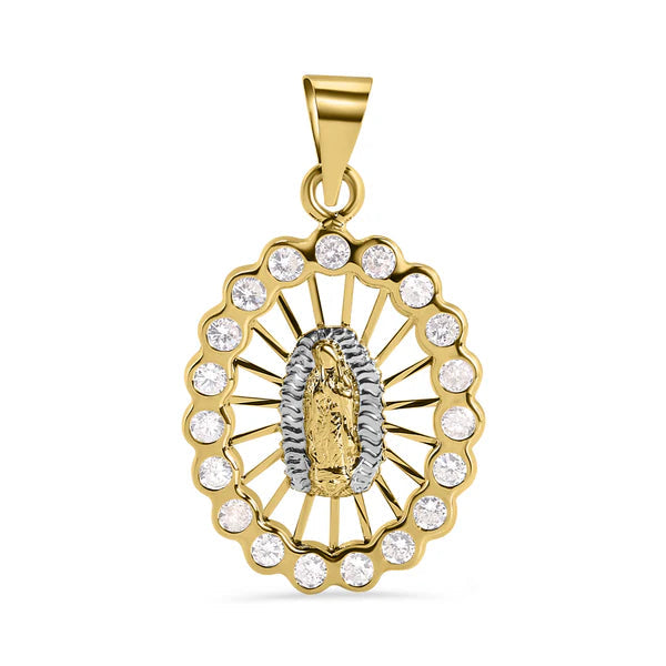 14K Yellow Gold Oval Our Lady of Guadalupe Diamond Cut Clear CZ Pendant