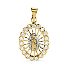 Load image into Gallery viewer, 14K Yellow Gold Oval Our Lady of Guadalupe Diamond Cut Clear CZ Pendant