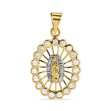 14K Yellow Gold Oval Our Lady of Guadalupe Diamond Cut Clear CZ Pendant