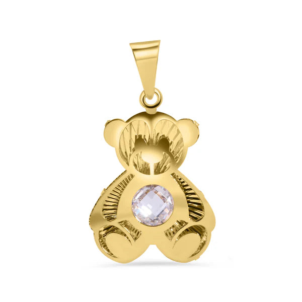 14K Yellow Gold Multi Faceted Teddy Bear Diamond Cut Round Cut Clear CZ Pendant