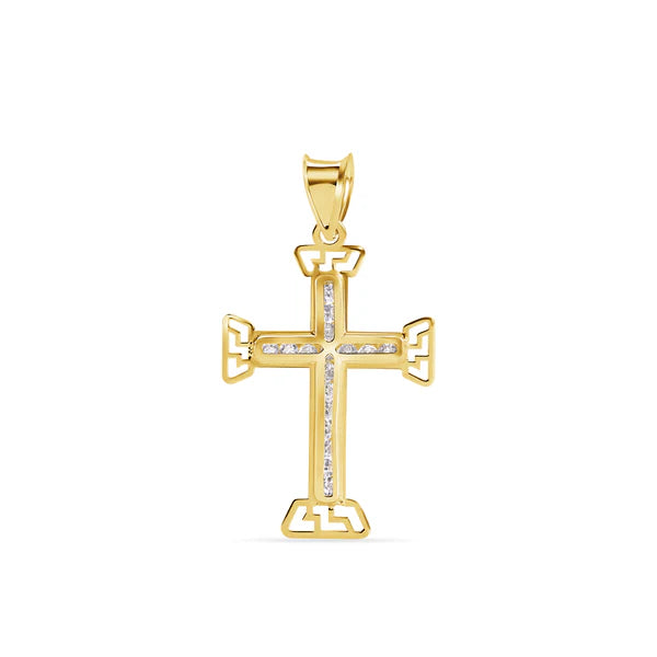 14K Yellow Gold Multi Faceted Cross Clear CZ Pendant