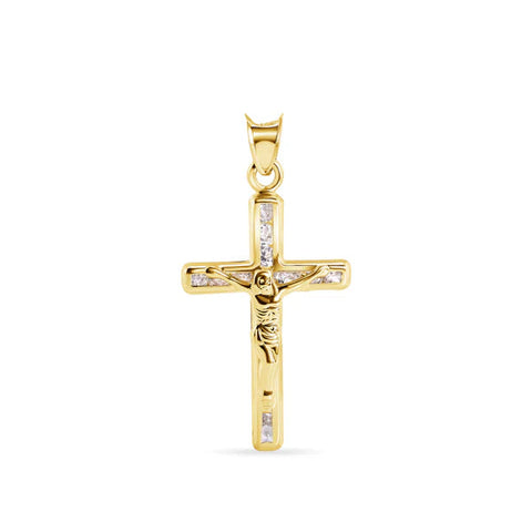 14K Yellow Gold Cross Jesus Christ Clear CZ Pendant-1.22grams