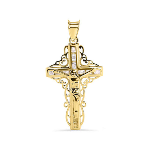 14K Yellow Gold Celtic Cross Jesus Christ Clear CZ Pendant