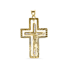 Load image into Gallery viewer, 14K Yellow Gold Two Diamond Cut Outer Cross Jesus Christ Clear CZ Pendant