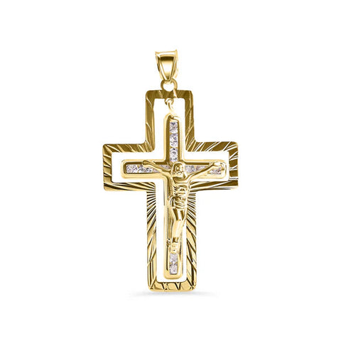 14K Yellow Gold Two Diamond Cut Outer Cross Jesus Christ Clear CZ Pendant