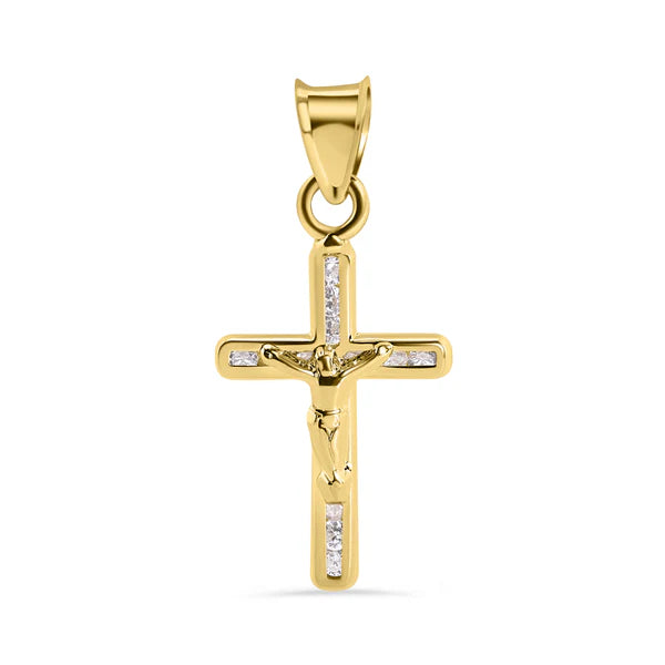 14K Yellow Gold Cross Jesus Christ Clear CZ Pendant