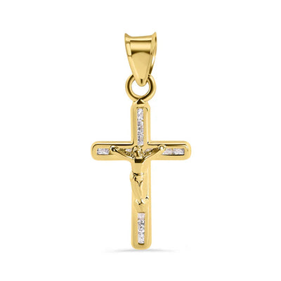 14K Yellow Gold Cross Jesus Christ Clear CZ Pendant