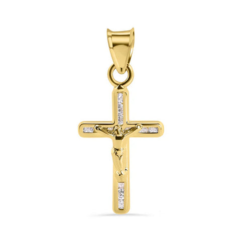 14K Yellow Gold Cross Jesus Christ Clear CZ Pendant