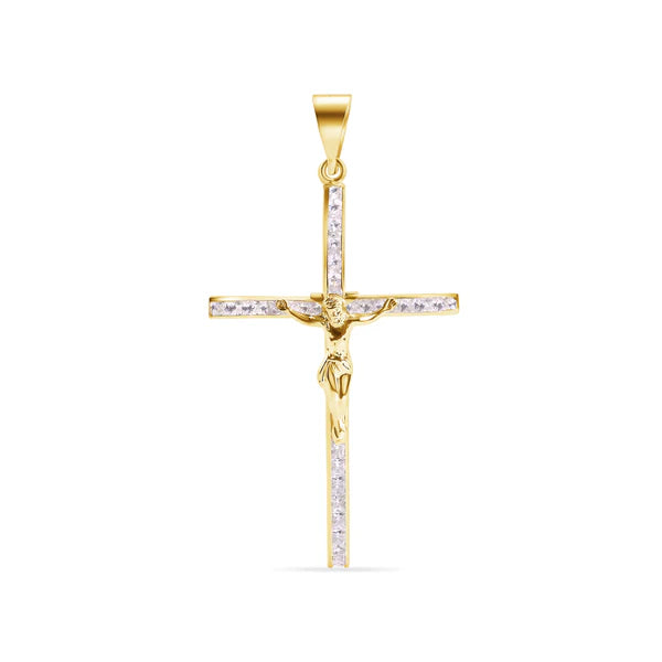 14K Yellow Gold Cross Jesus Christ Studded Clear CZ Pendant